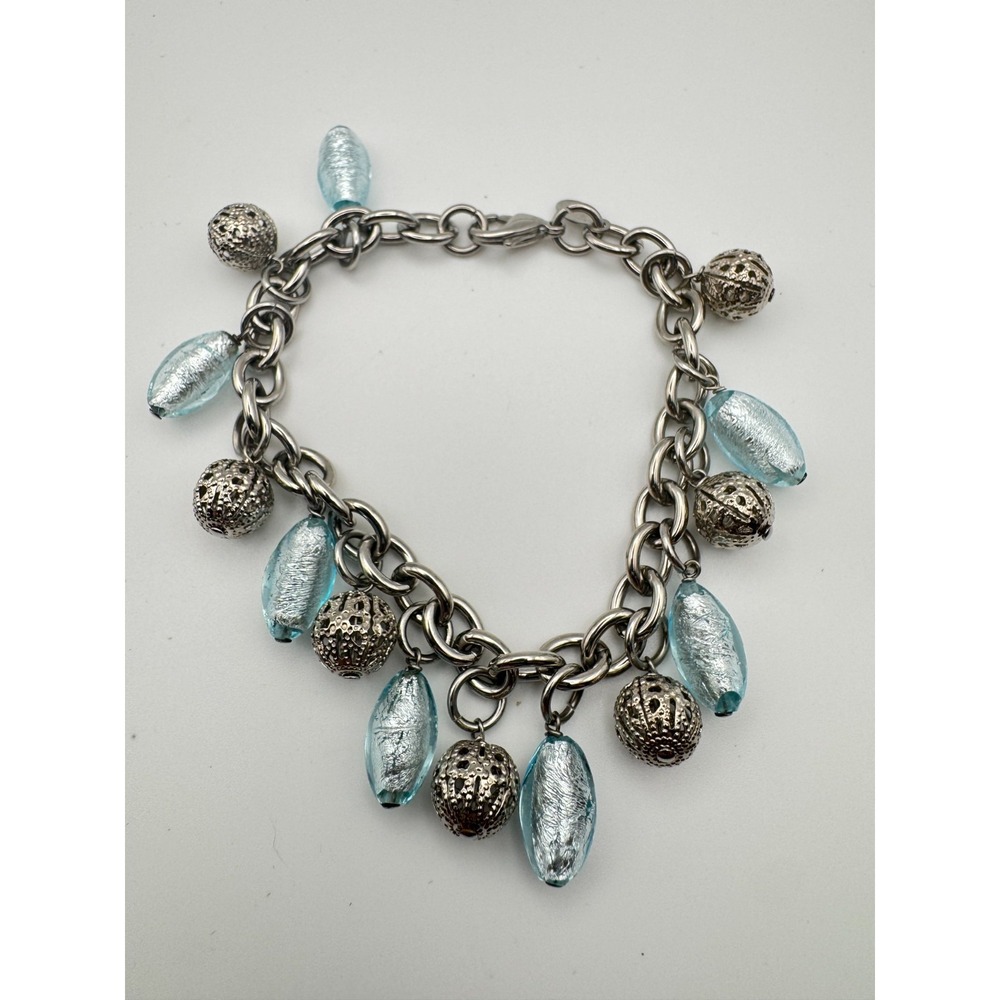Vintage Charm Bracelet Milor Italy Blue Silver Foil Murano Glass Beads